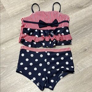 Navy Polka Dot and Striped Swimsuit